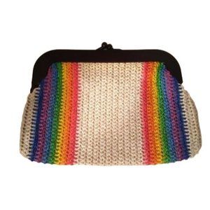 MCI Rainbow Clutch Vintage Bag white raffia Plastic Frame Handle Retro Original